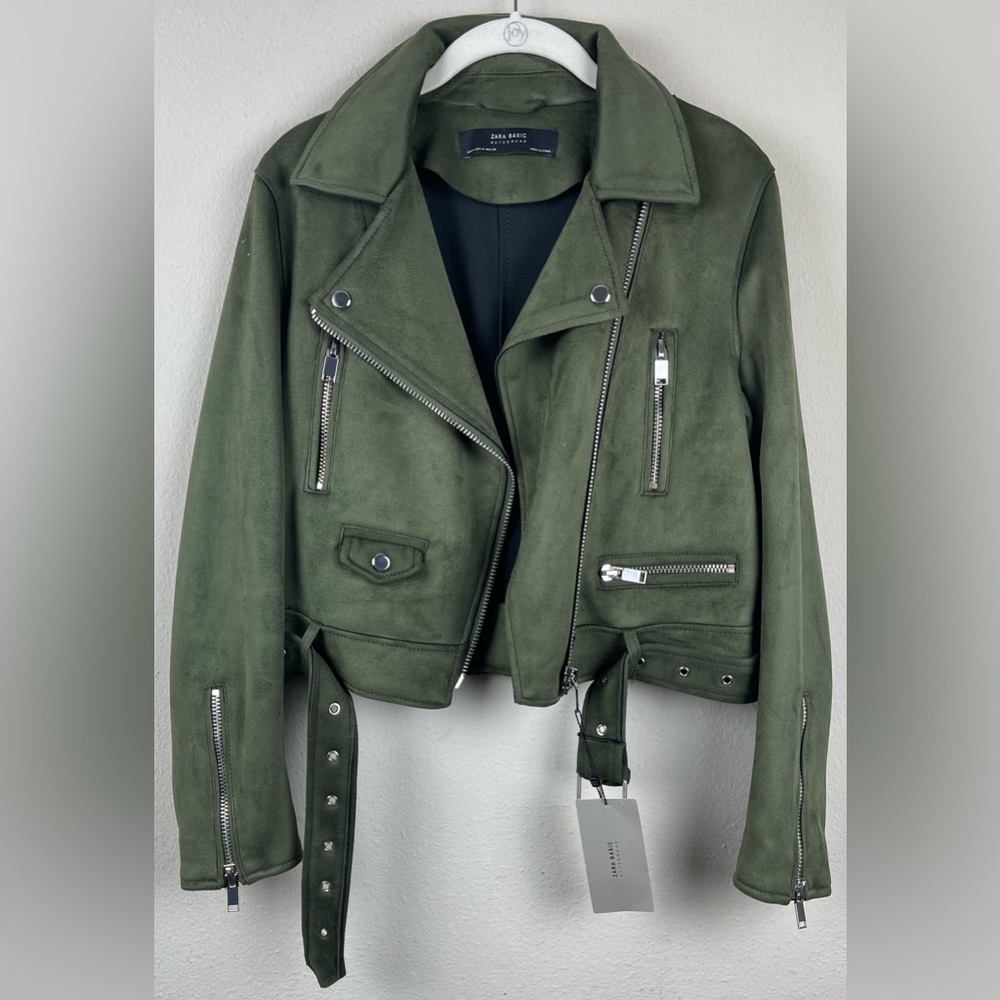 ZARA BASICS Faux Suede Olive Cropped Moro Jacket Size M